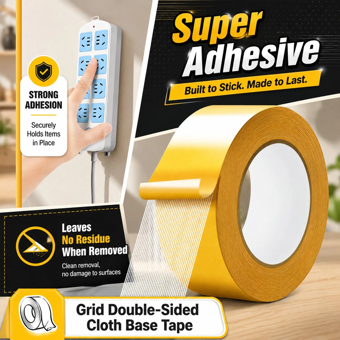 Heavy-Duty Removable Double-Sided Tape, 4 cm × 20 m, Multi-Surface Mounting