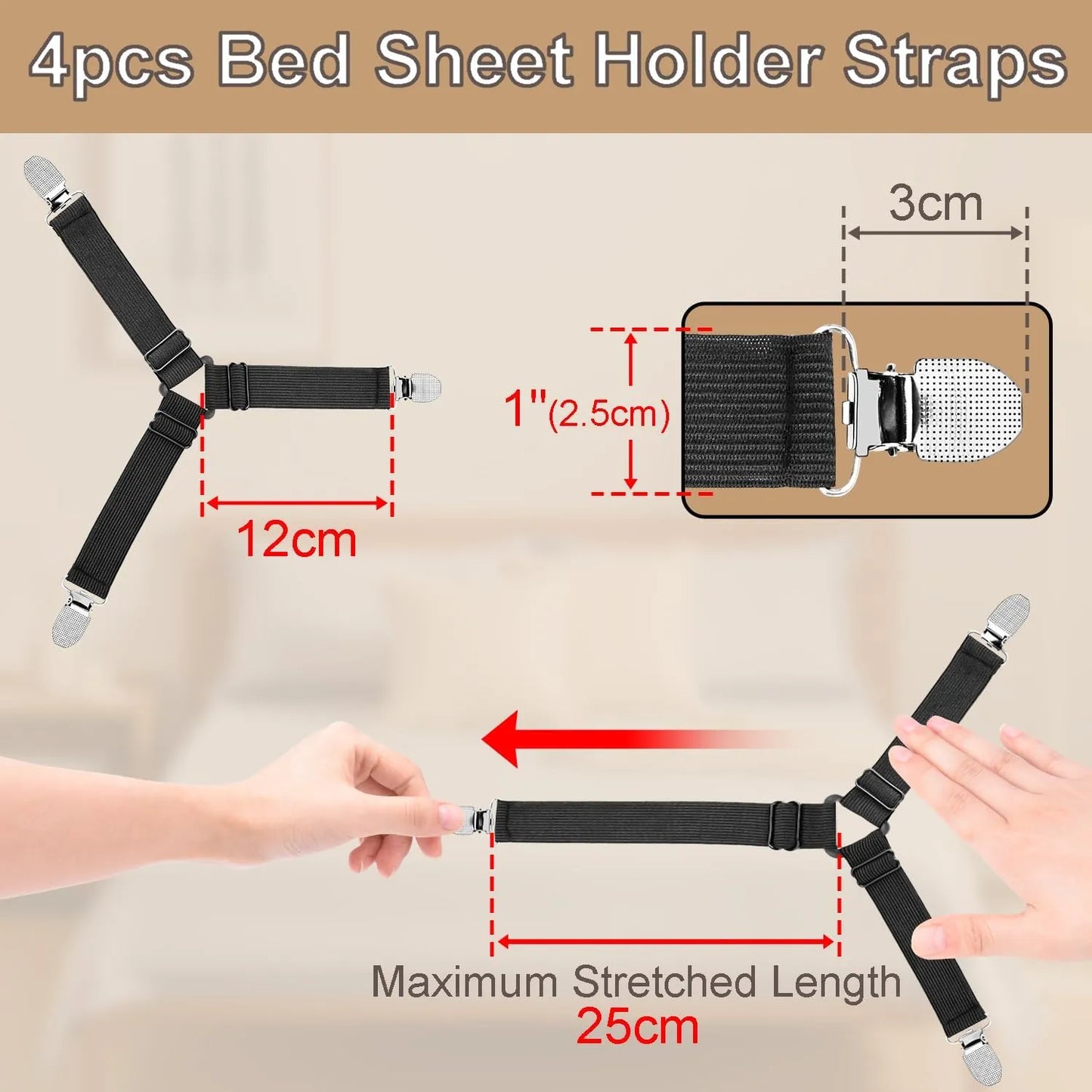 Triangle Bed Sheet Holder Straps, 4 pcs Triangle-Clip Sheet Suspenders with Adhesive Anchor