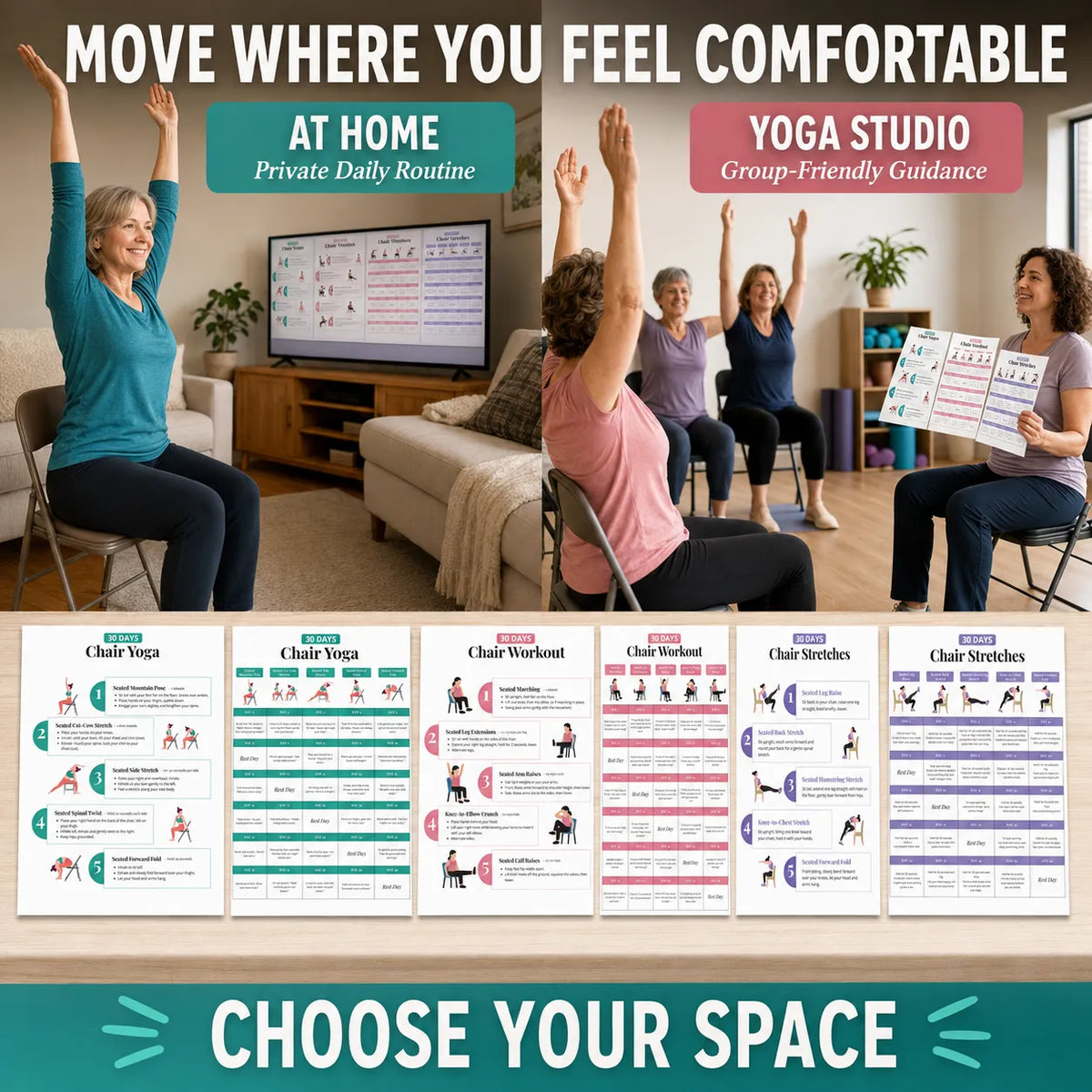 Seated Back Stretch Chart Set，Six-Sheet Set(10 x 8 inches)