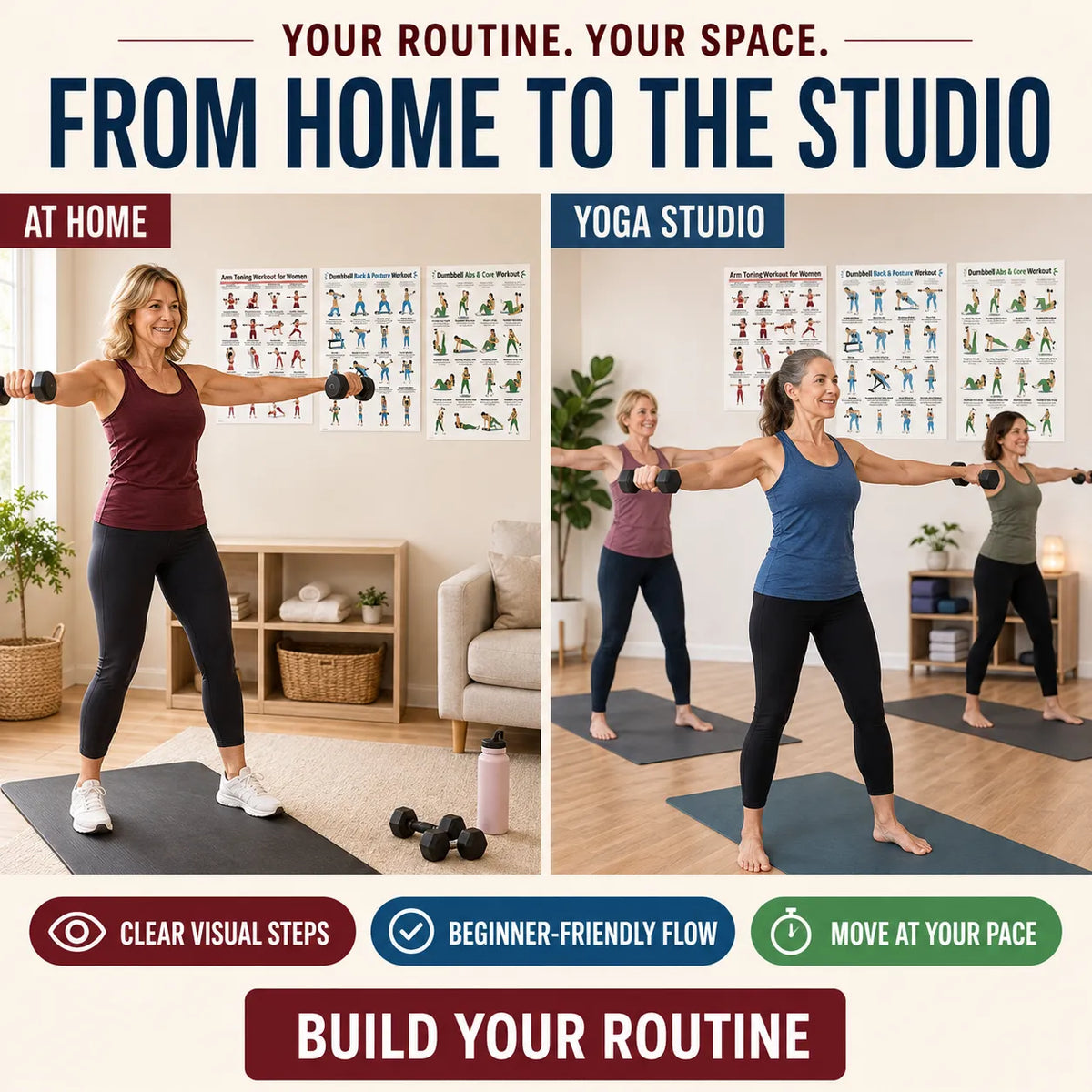 Women's Arm and Dumbbell Workout Poster (3-Piece Set: Arms, Back, and Core)(10 x 8 inches)