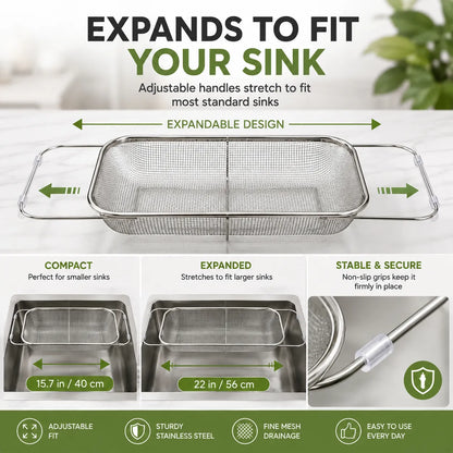 Stainless Steel Over-the-Sink Expandable Strainer Basket with Chopstick Holder