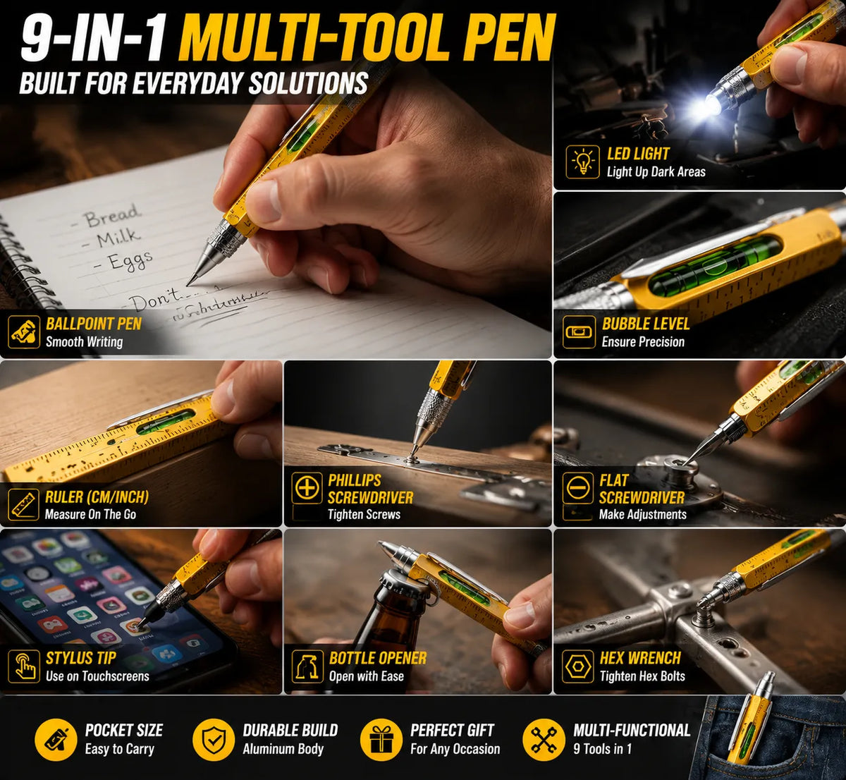 🖊️ 9-in-1 Multi-Tool Pen – LED Light, Screwdriver, Ruler & Stylus | Pocket EDC Gadget for Everyday Fixes