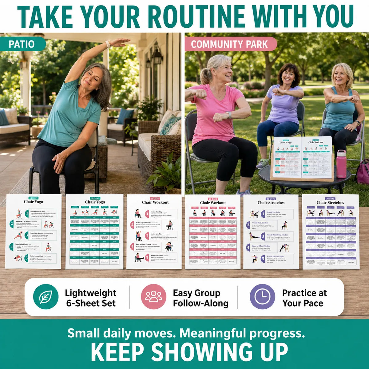 Seated Back Stretch Chart Set，Six-Sheet Set(10 x 8 inches)