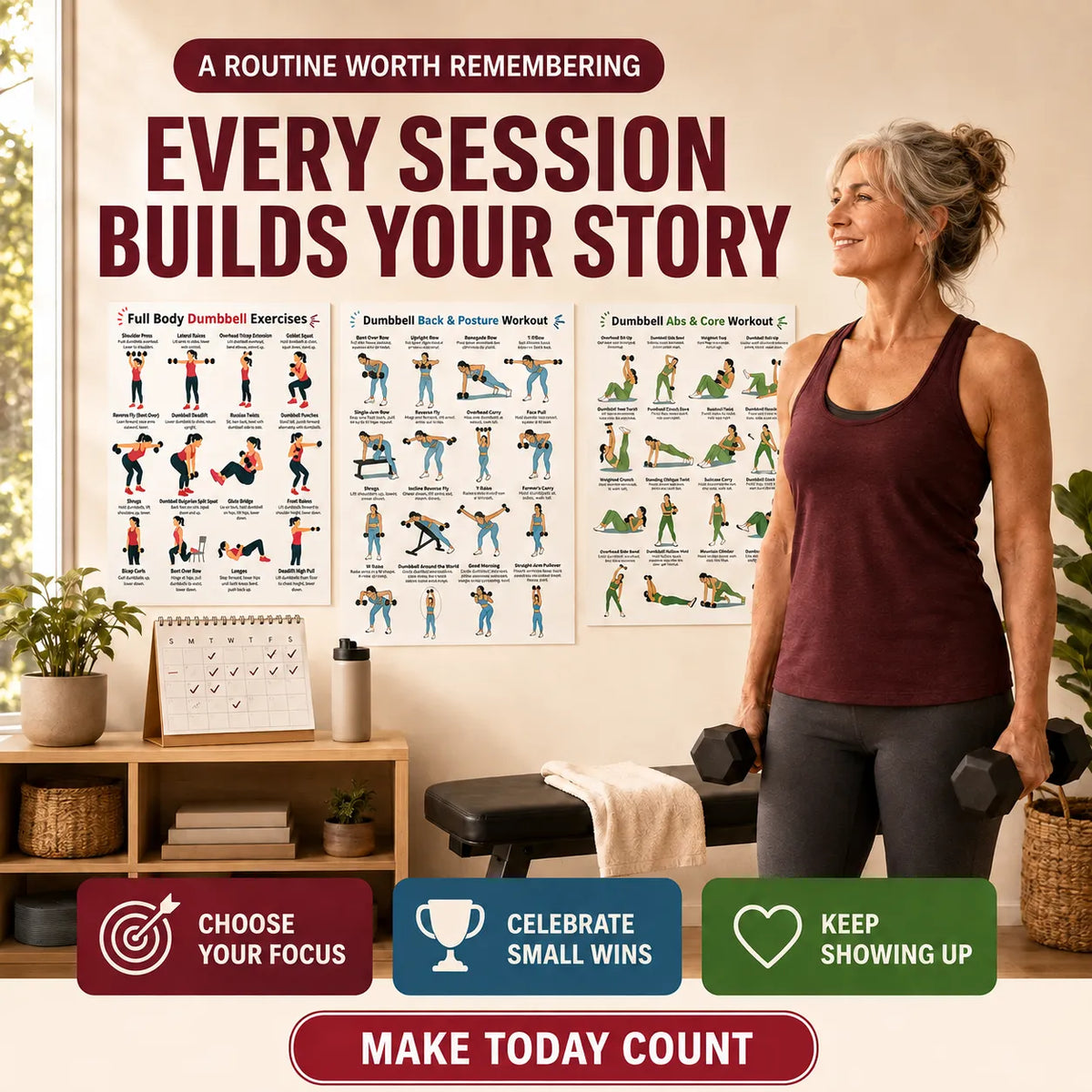 Women's Arm and Dumbbell Workout Poster (3-Piece Set: Arms, Back, and Core)(10 x 8 inches)