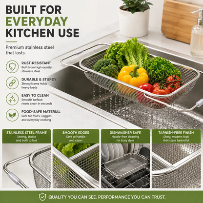 Stainless Steel Over-the-Sink Expandable Strainer Basket with Chopstick Holder