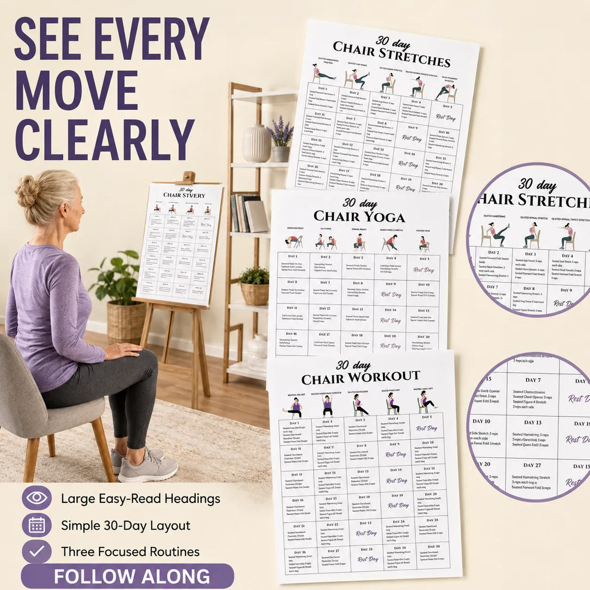 3-in-1 30-Day Chair Exercise Poster Set(10 x 8 inches)