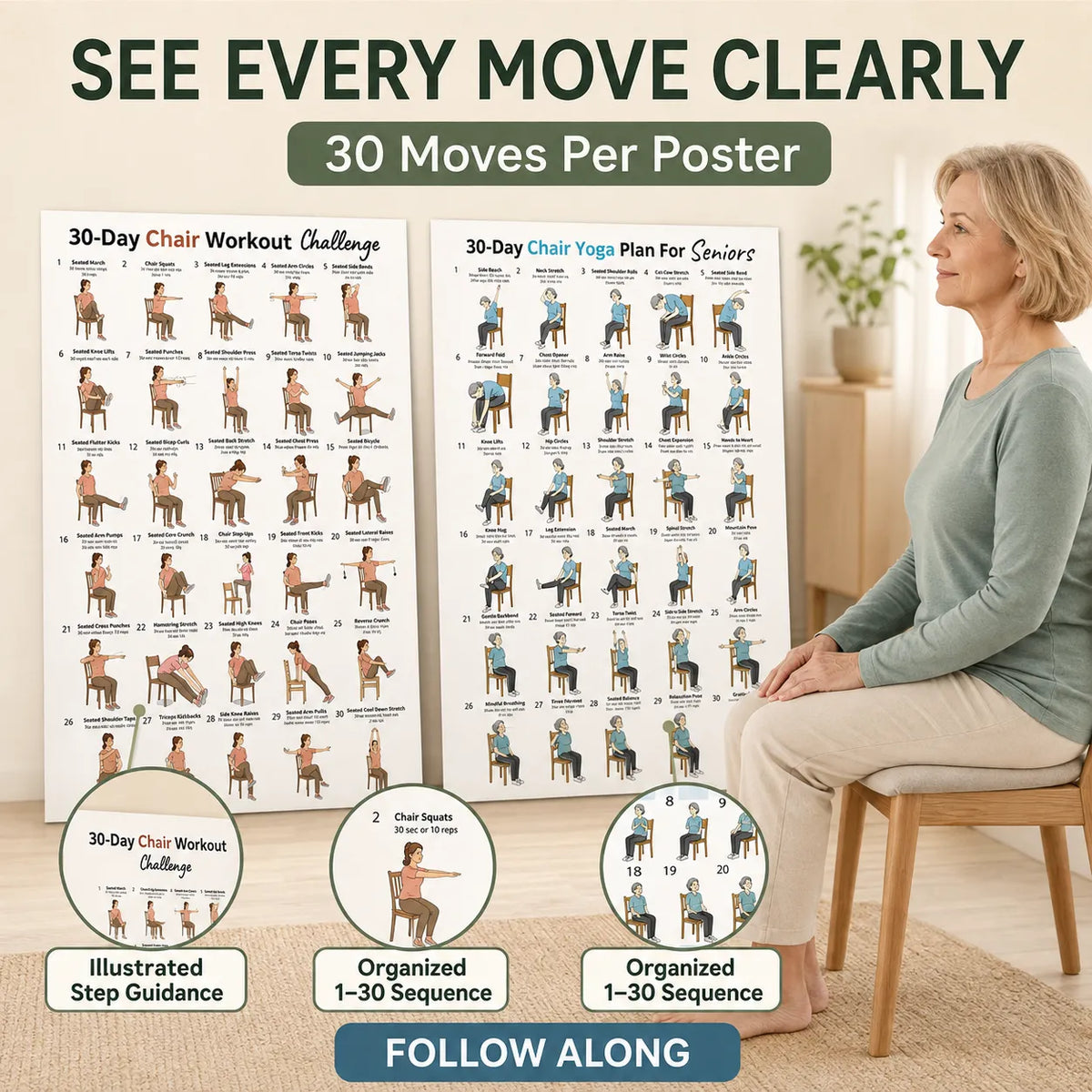 30-Day Chair Exercise Yoga Poster,Two-Sheet Set(11.69× 8.27 inches)