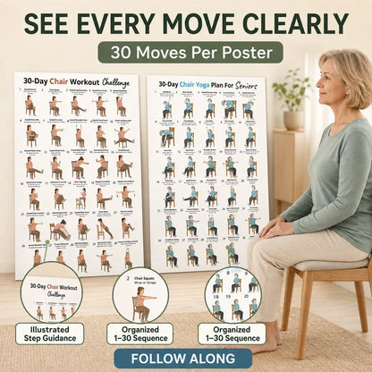 30-Day Chair Exercise Yoga Poster,Two-Sheet Set(11.69× 8.27 inches)