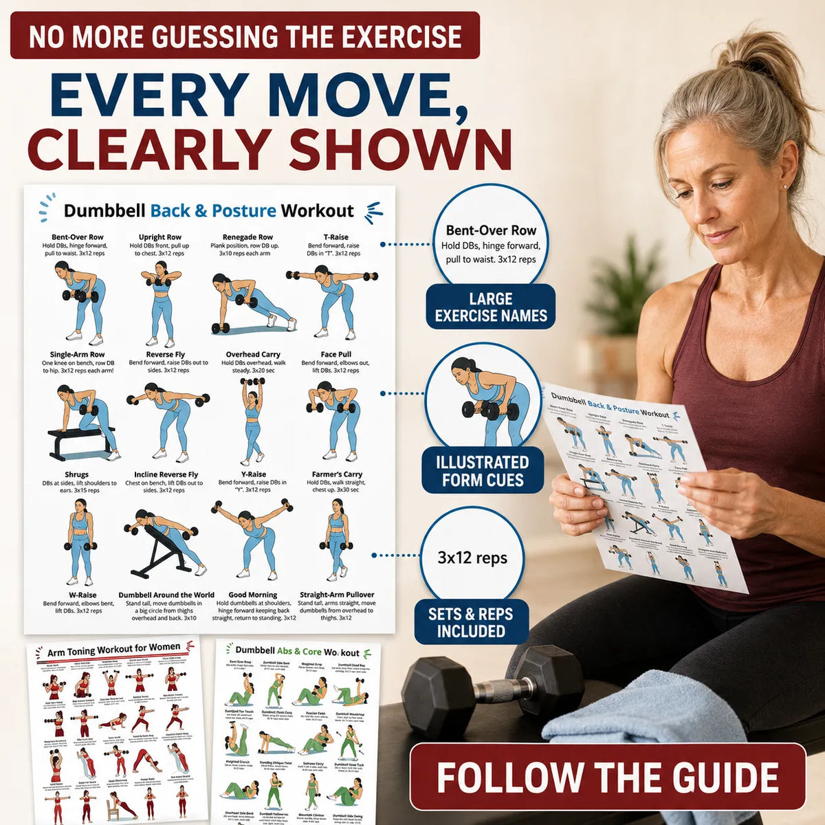 Women's Arm and Dumbbell Workout Poster (3-Piece Set: Arms, Back, and Core)(10 x 8 inches)