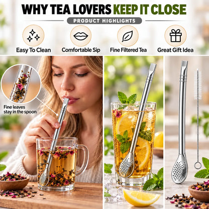 2‑in‑1 Tea Filter Spoon Straw | Free Cleaning Brush Included