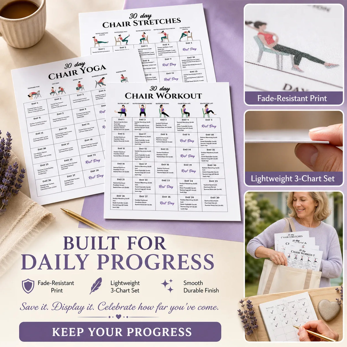 3-in-1 30-Day Chair Exercise Poster Set(10 x 8 inches)