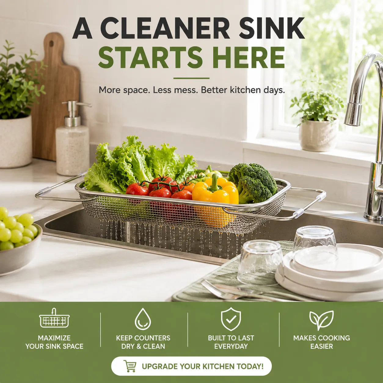 Stainless Steel Over-the-Sink Expandable Strainer Basket with Chopstick Holder