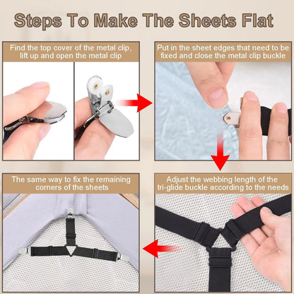 Triangle Bed Sheet Holder Straps, 4 pcs Triangle-Clip Sheet Suspenders with Adhesive Anchor
