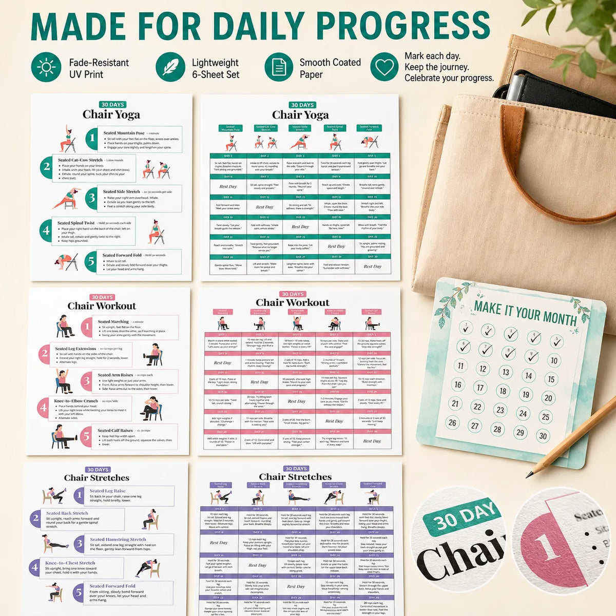 Seated Back Stretch Chart Set，Six-Sheet Set(10 x 8 inches)