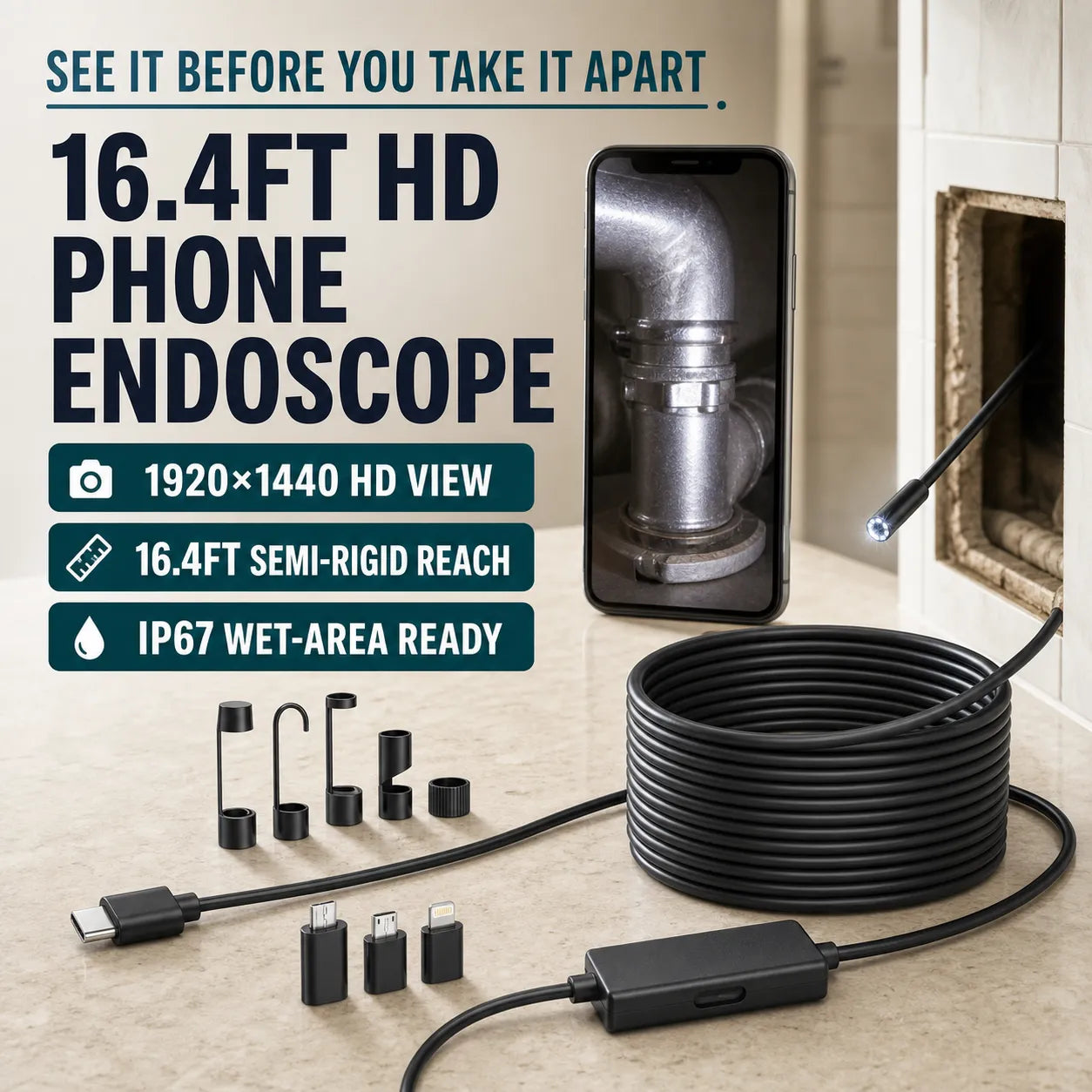 16.4ft HD Endoscope Camera for iPhone & Android