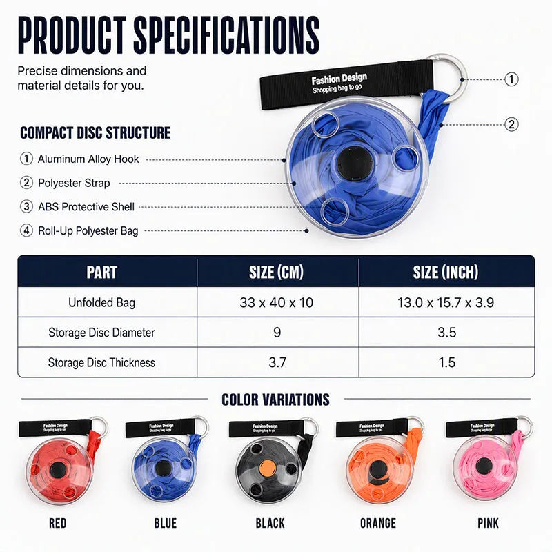 Roll-Up Reusable Shopping Tote with Snap-Button Disc Closure