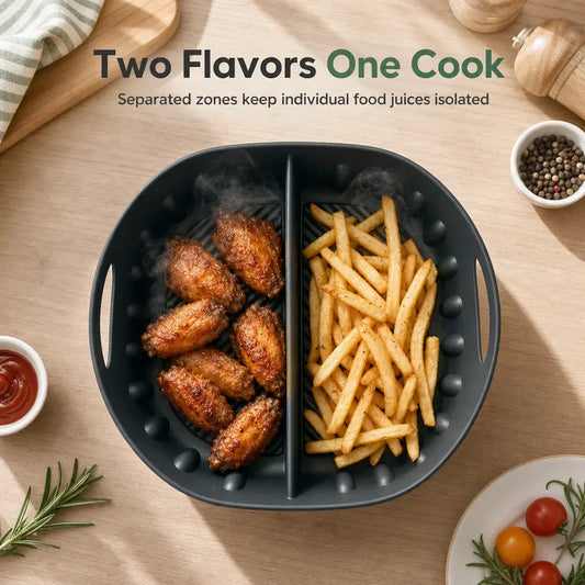 Reusable Divided Silicone Air Fryer Liner, 2-Compartment Food-Grade Baking Tray with Ridges & Handles