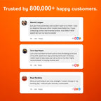 Massage insoles in orange with customer testimonials on a bright orange background.